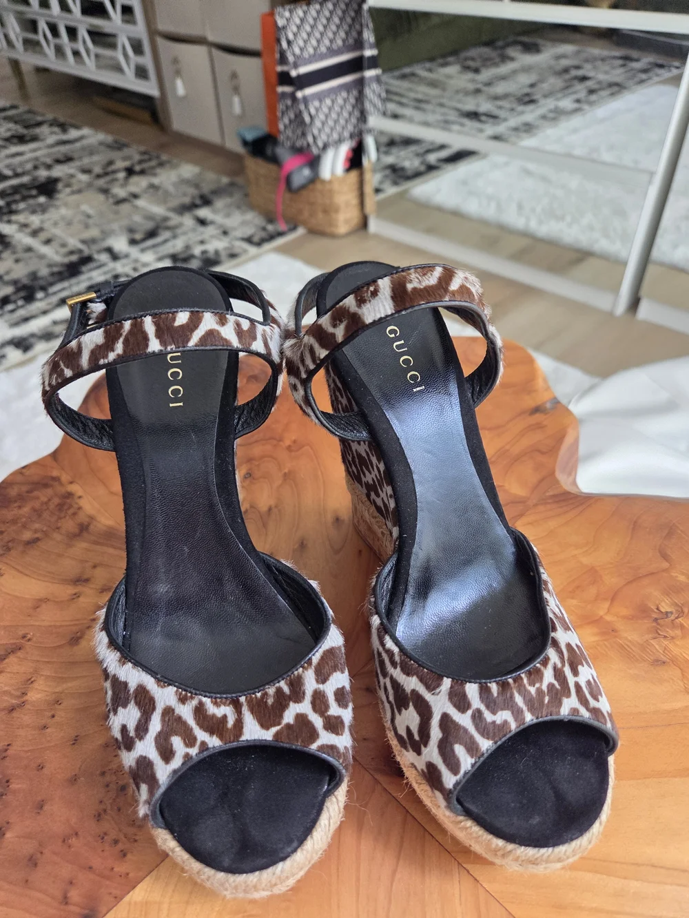 Gucci Brown Leopard Print Wedge Sandals